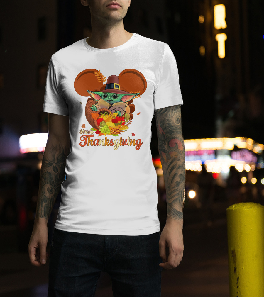 Happy Thanksgiving Baby Yoda Cornucopia With Pilgrim Hat T-Shirt