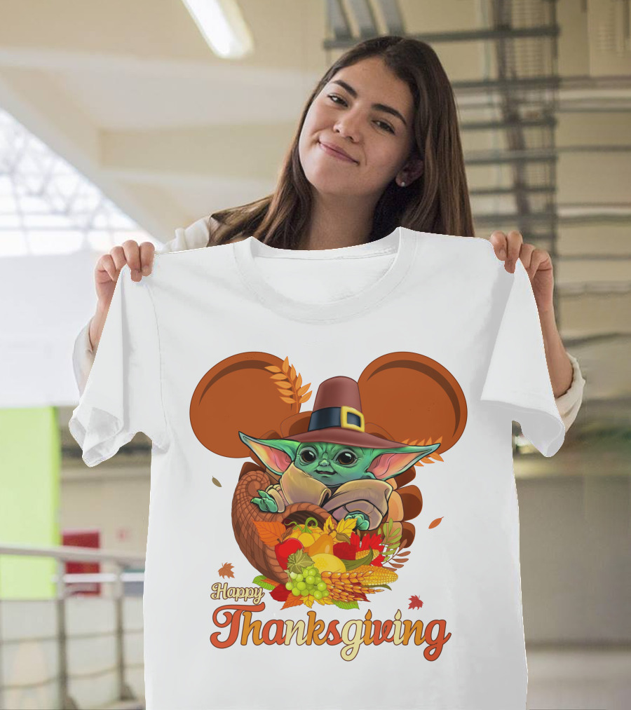 Happy Thanksgiving Baby Yoda Cornucopia With Pilgrim Hat T-Shirt