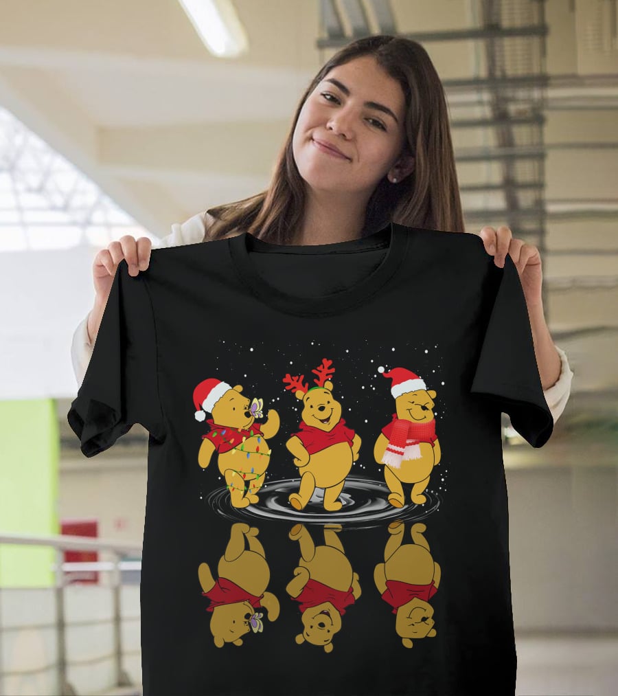 Winnie The Pooh Christmas Reflections In Holiday Hats And Scarves With Snowflakes T-Shirt