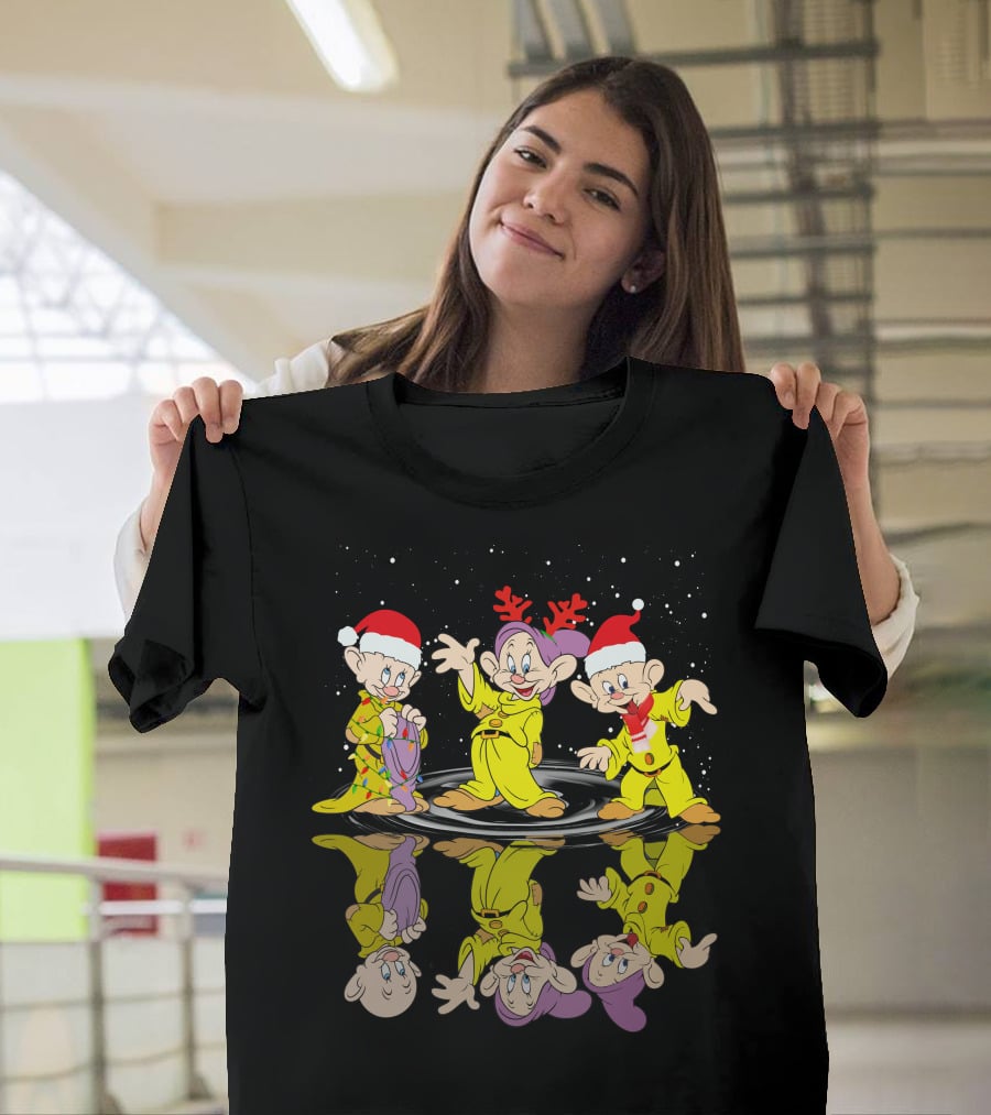 Dopey Christmas Reflections With Santa Hats And Reindeer Antlers T-Shirt