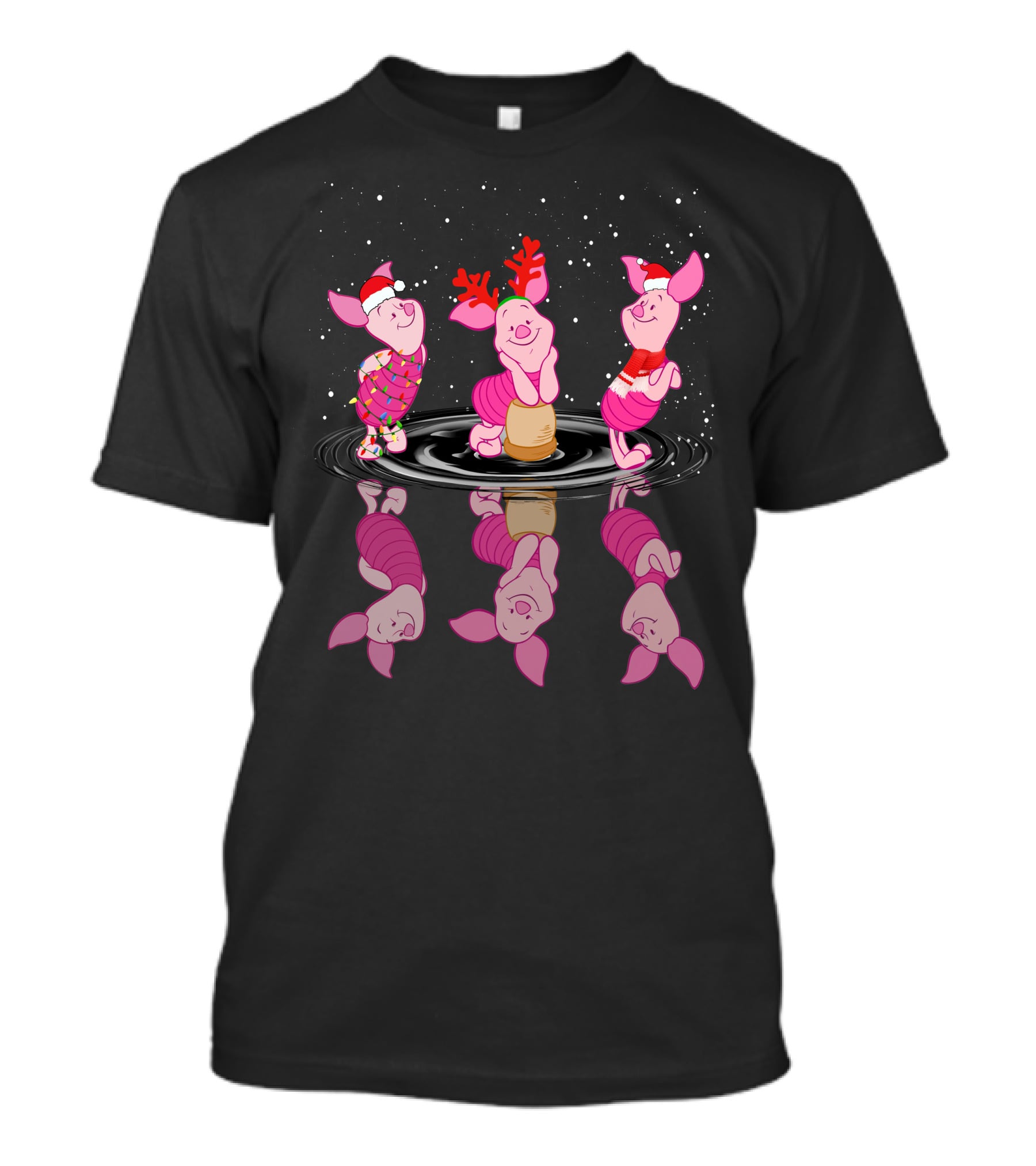 Piglet Christmas Festive Reflections With Santa Hats And Reindeer Antlers T-Shirt