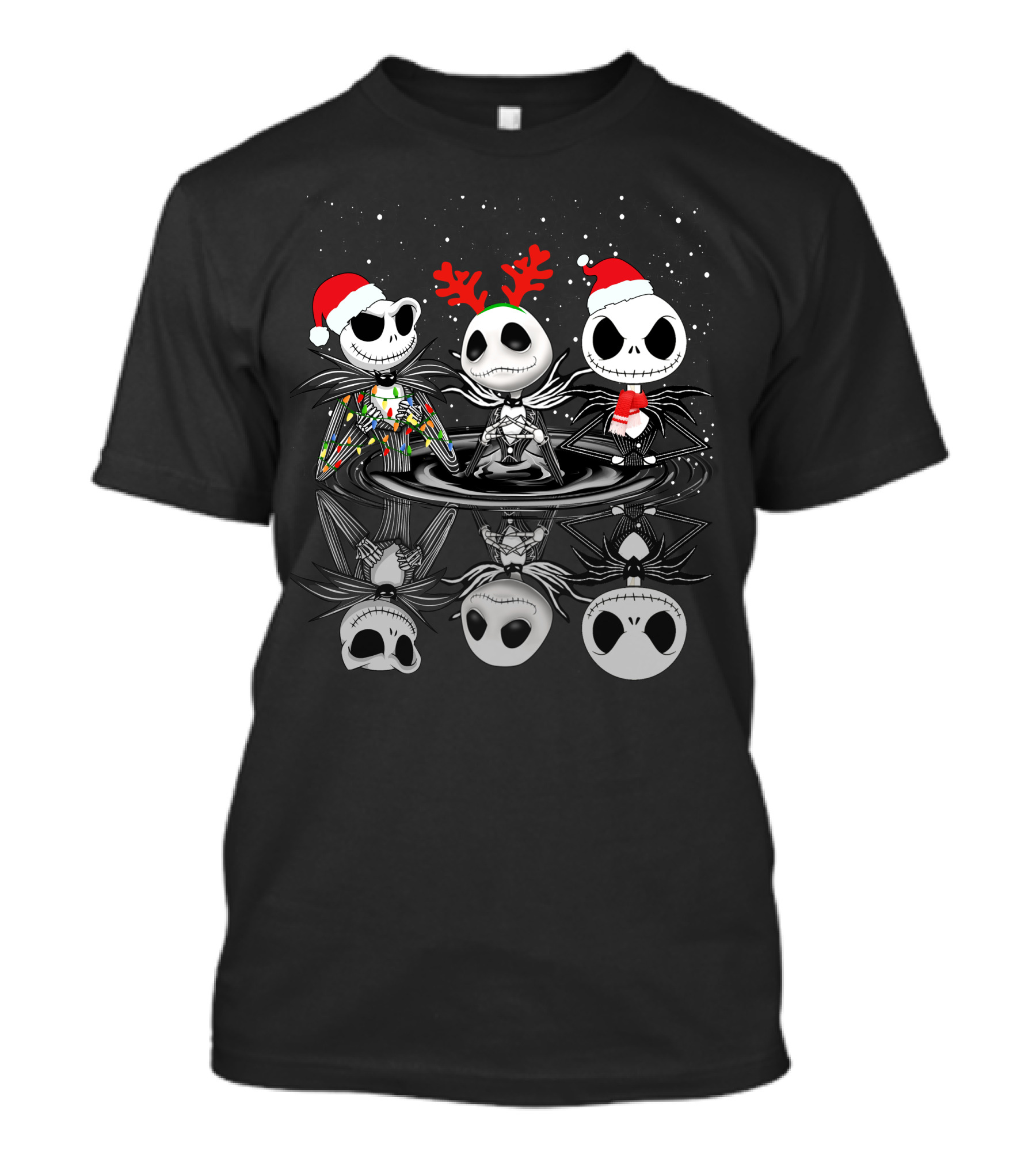 Jack Skellington Christmas Trio Santa Hats And Antlers Snow Scene T-Shirt