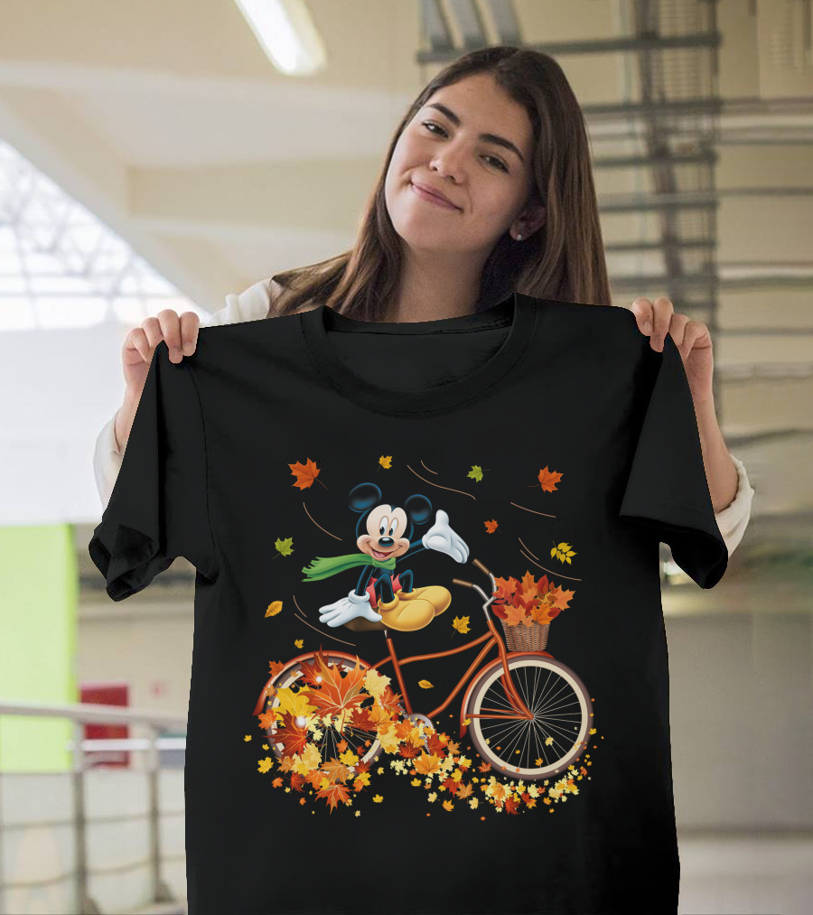 Mickey Mouse Autumn Leaves Bicycle Ride With Basket T-Shirt