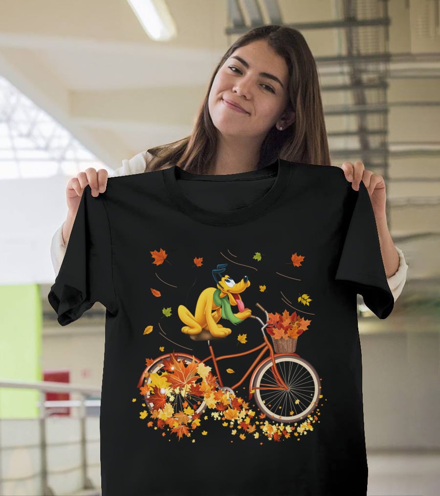 Pluto Autumn Bicycle Adventure With Falling Leaves T-Shirt