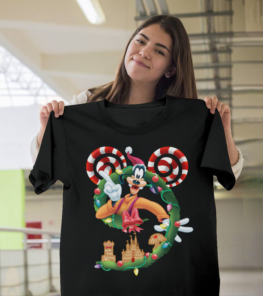 Goofy Christmas Wreath With Candy Canes And Gingerbread Castles T-Shirt