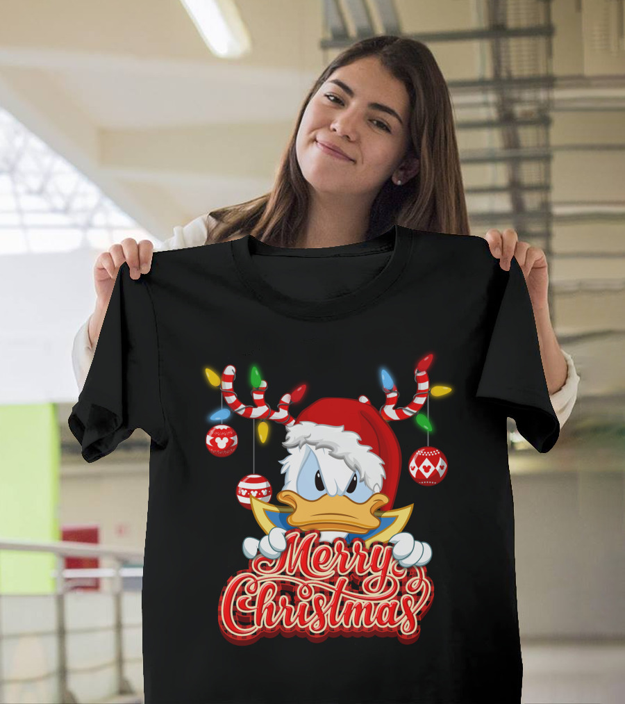 Merry Christmas Donald Wearing Santa Hat And Reindeer Antlers T-Shirt