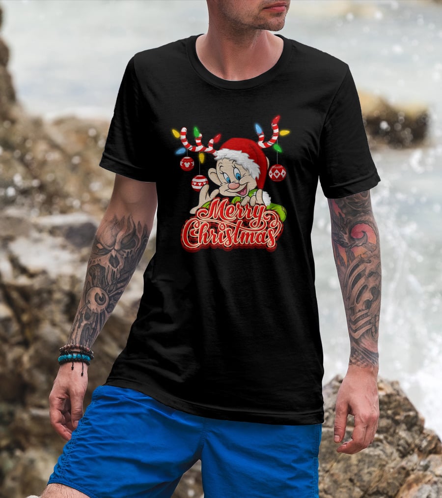 Merry Christmas Dopey Reindeer Antlers And Santa Hat With Christmas Ornaments T-Shirt