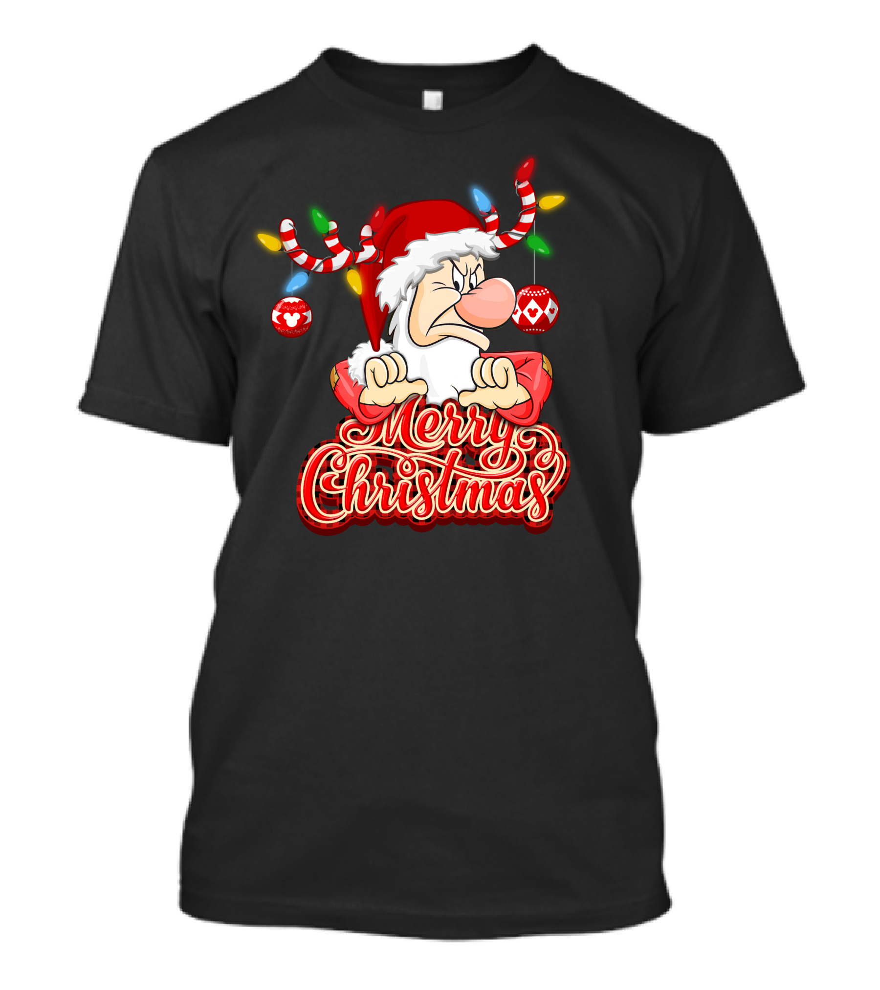Grumpy Merry Christmas Santa With Reindeer Antlers And Festive Ornaments T-Shirt