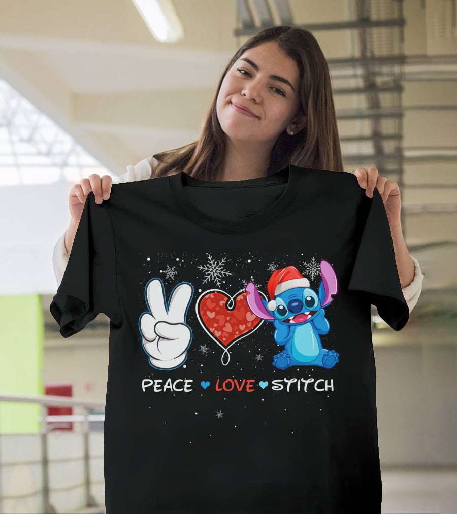 Peace Love Stitch Christmas Santa Hat T-Shirt