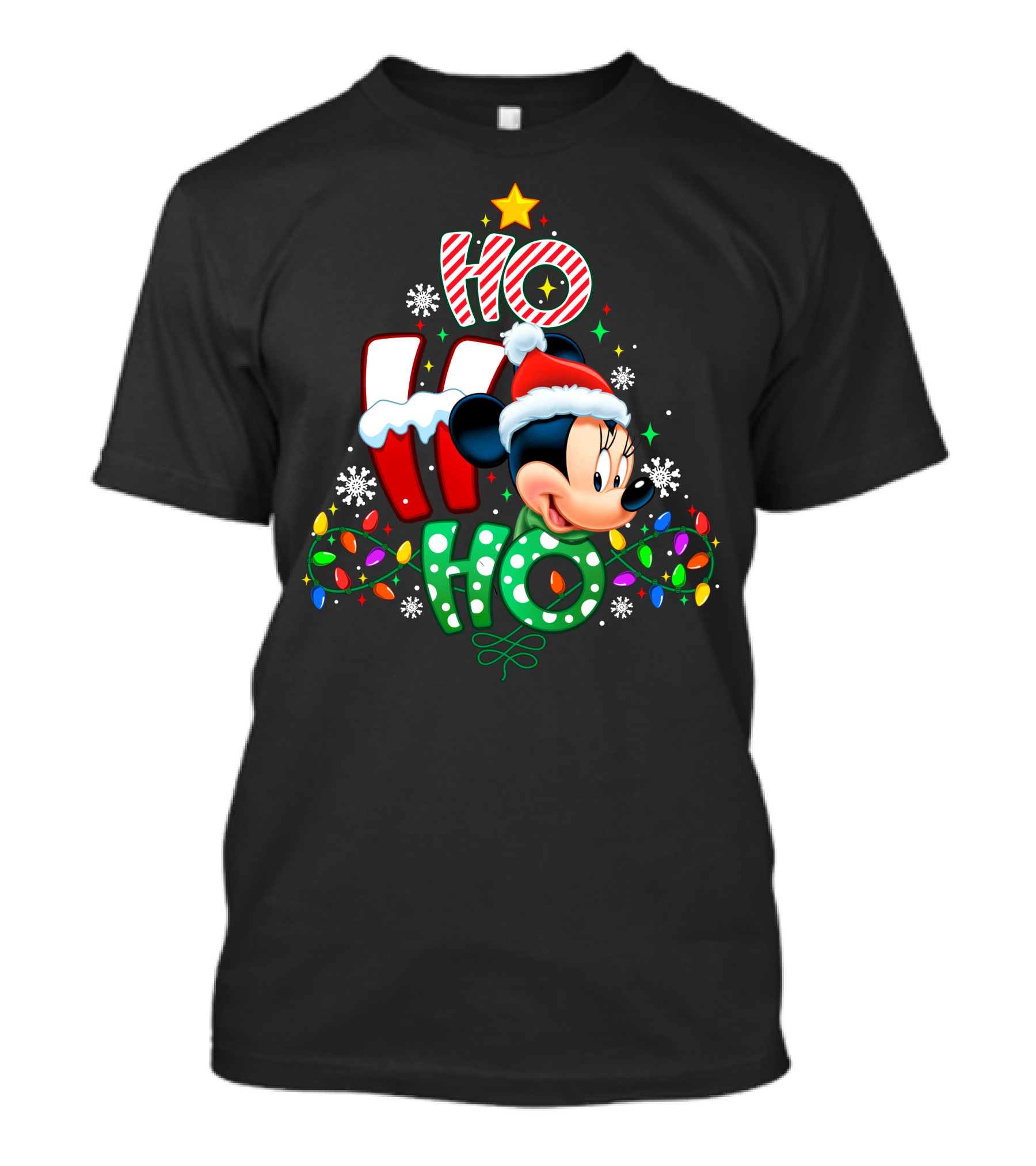 Minnie Mouse Ho Ho Ho Christmas Holiday Lights Snowflakes Santa Hat T-Shirt