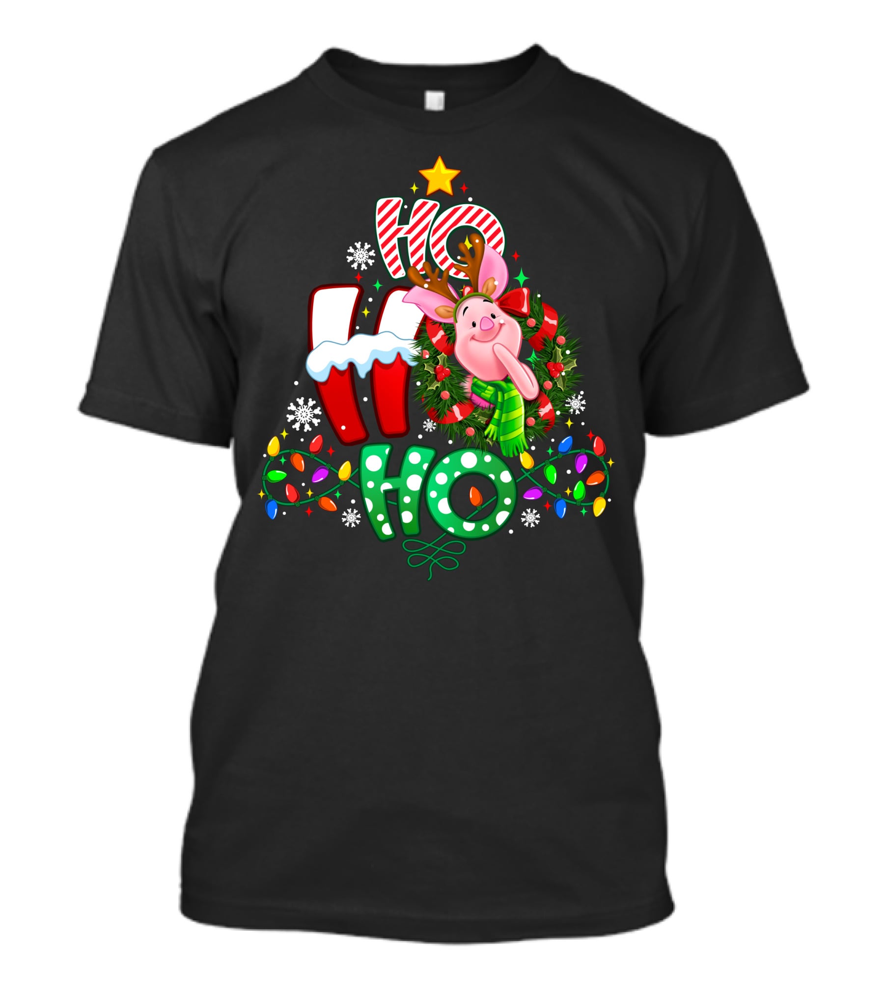 Ho Ho Ho Christmas Piglet Reindeer Lights Snowflakes T-Shirt