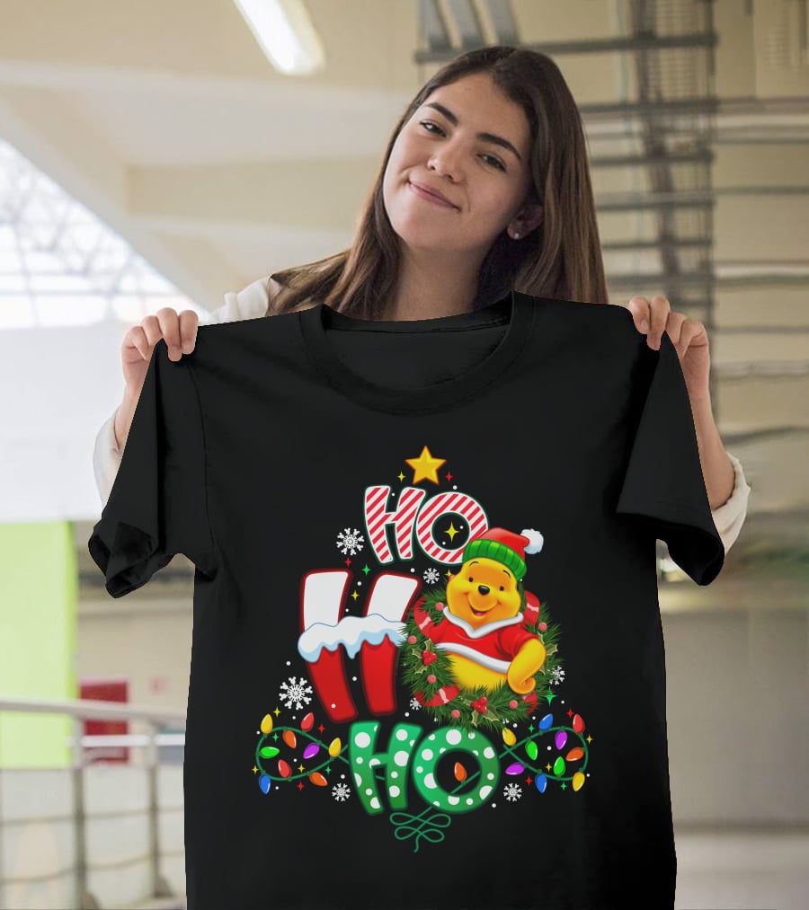 Ho Ho Ho Pooh Christmas Lights Snowflakes Wreath Santa Hat T-Shirt