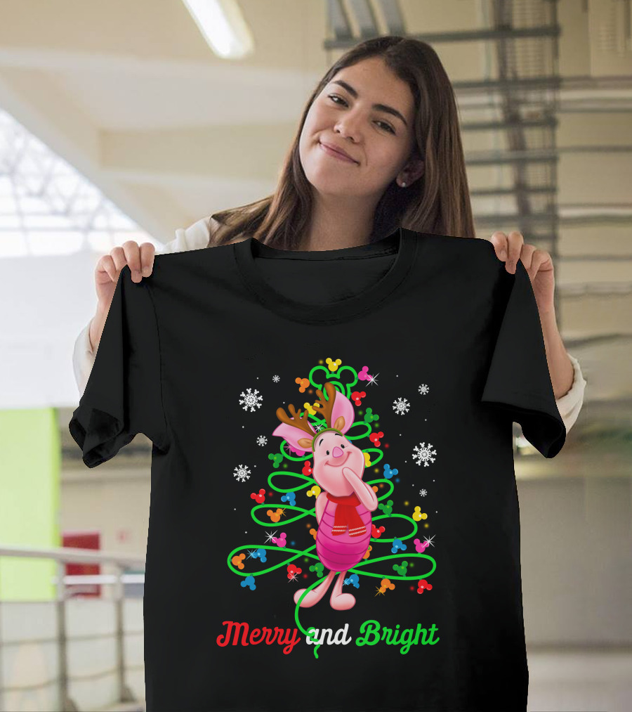 Merry And Bright Piglet Reindeer Christmas Tree Snowflakes T-Shirt