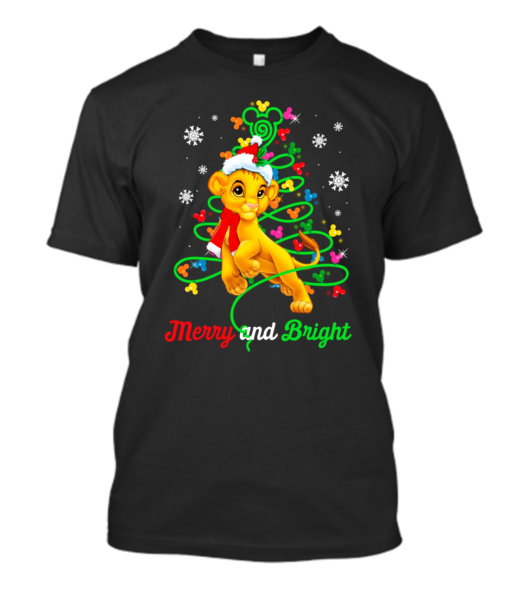 Merry And Bright Simba Christmas Snowflakes Santa Hat T-Shirt