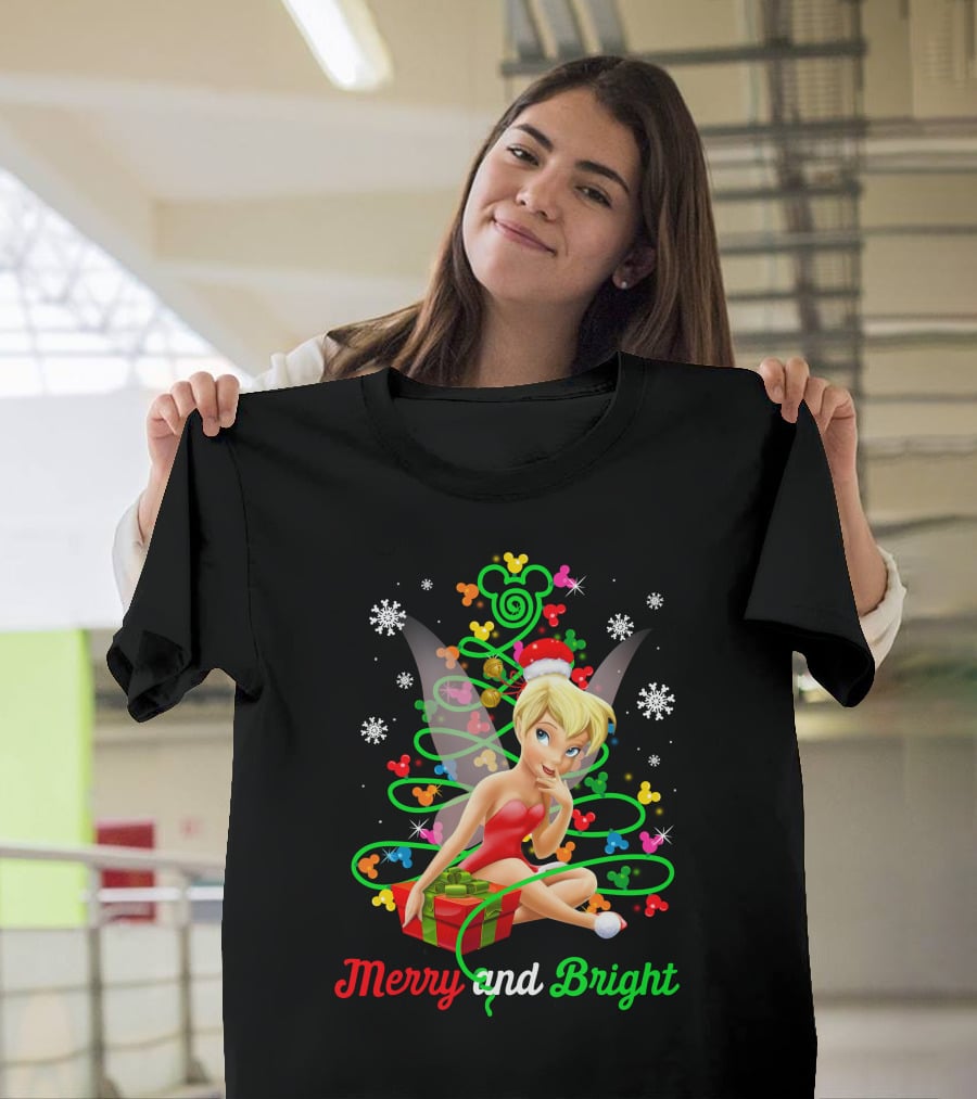 Merry And Bright Christmas Tinkerbell With Holiday Gift And Snowflakes T-Shirt