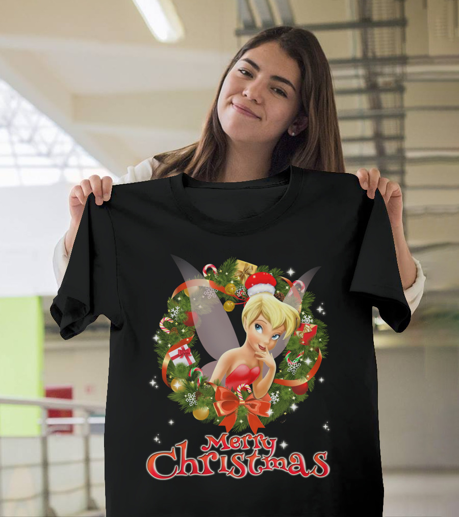 Merry Christmas Tinkerbell With Holiday Wreath T-Shirt