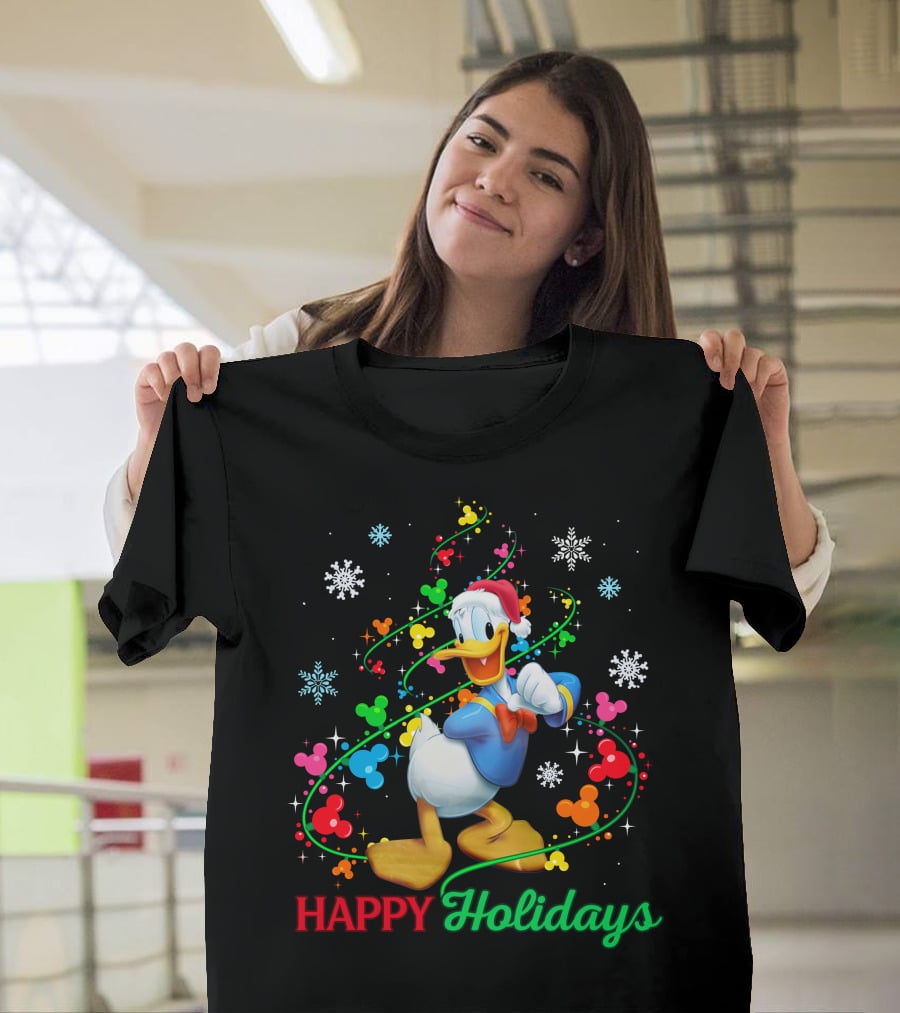 Happy Holidays Donald Duck Santa Hat Snowflake Icons And Mickey Heads T-Shirt