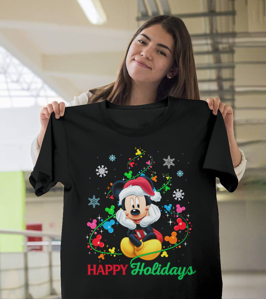 Mickey Happy Holidays Snowflakes Christmas Lights T-Shirt