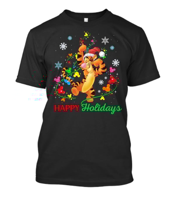 Tigger Happy Holidays Santa Hat Colorful Ornaments Mickey Mouse Ears Snowflakes T-Shirt