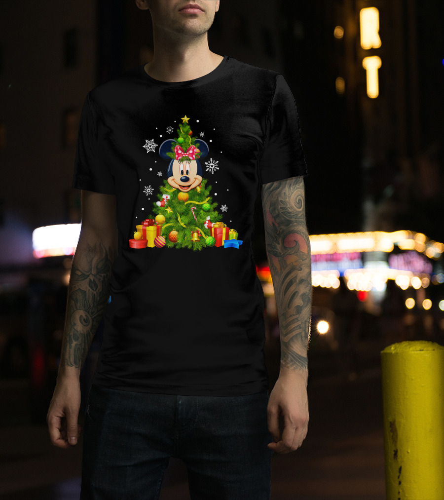 Minnie Mouse Christmas Tree With Gifts And Snowflakes T-Shirt