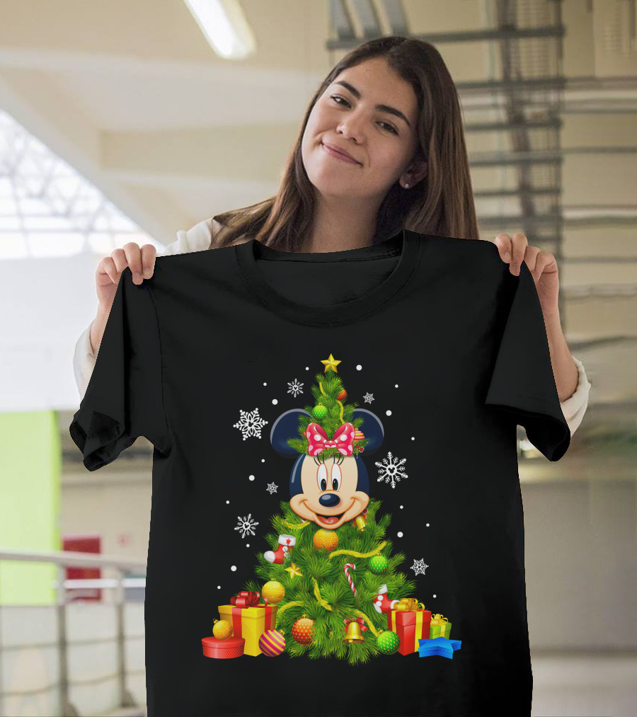 Minnie Mouse Christmas Tree With Gifts And Snowflakes T-Shirt