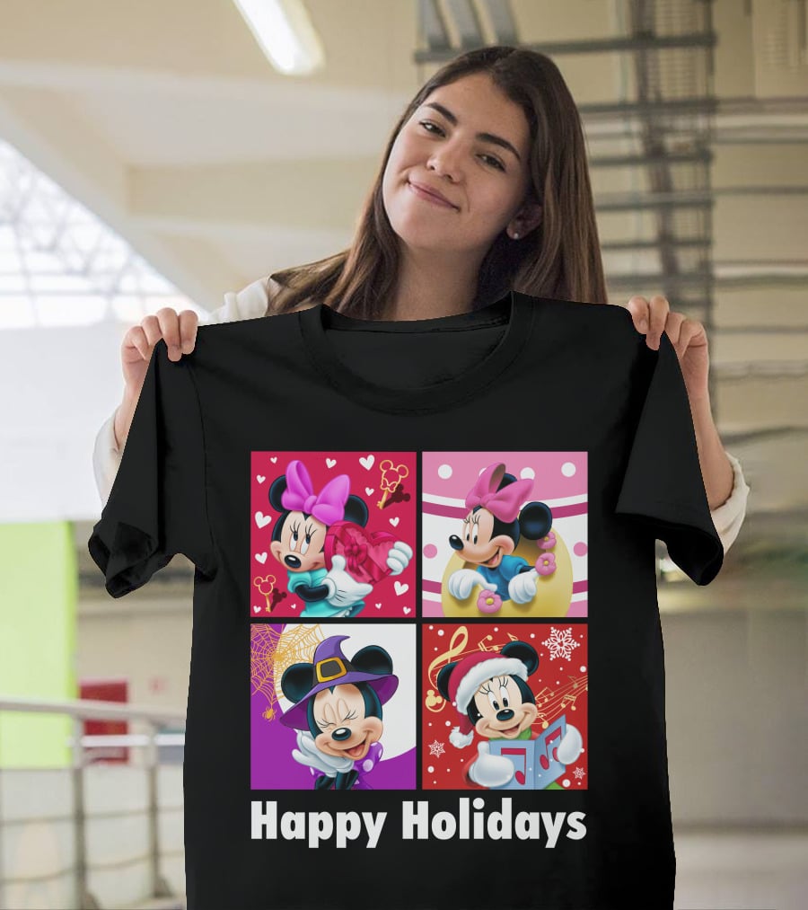 Minnie Happy Holidays With Hearts Bows Witch Hat Santa Hat And Gifts T-Shirt