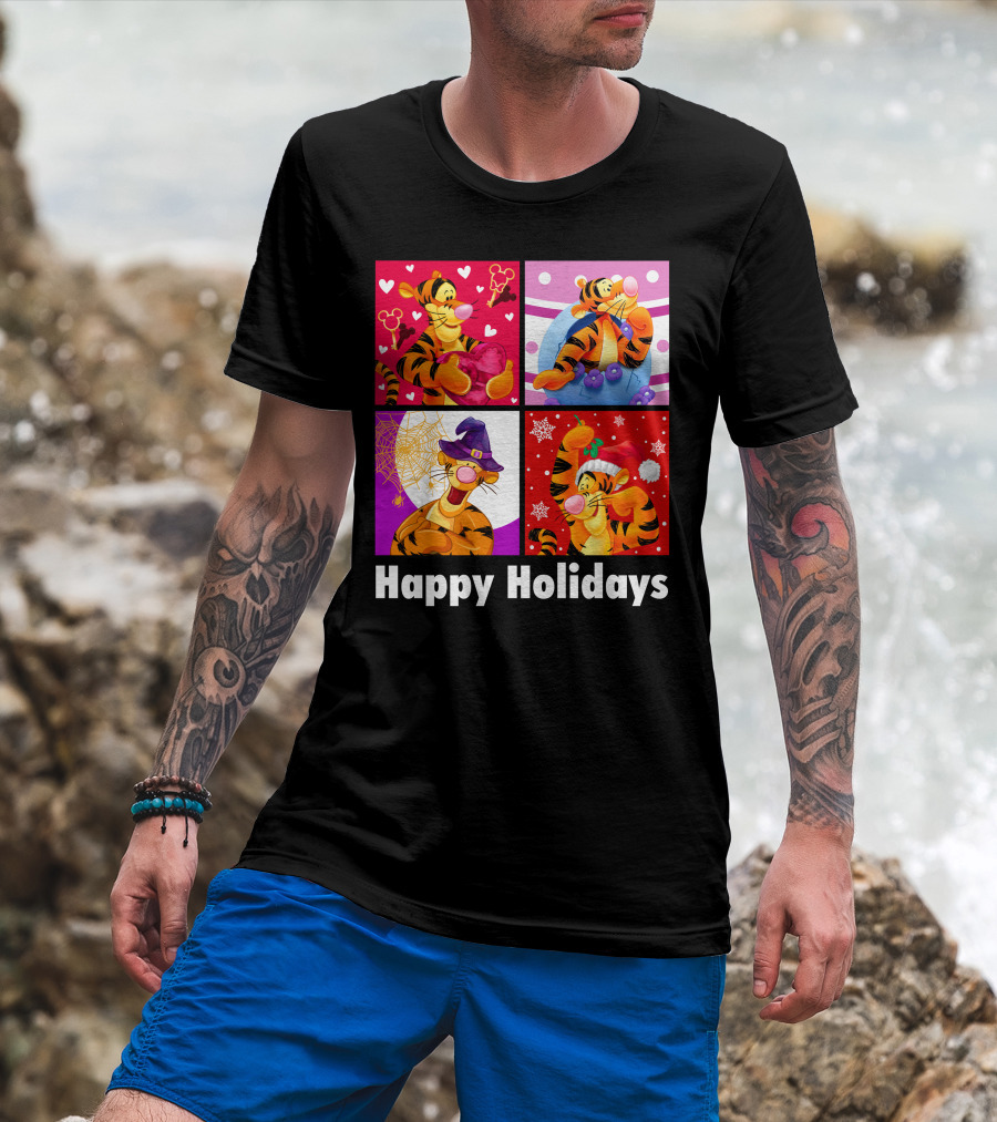 Happy Holidays Tigger Mickey Hearts Santa Halloween T-Shirt