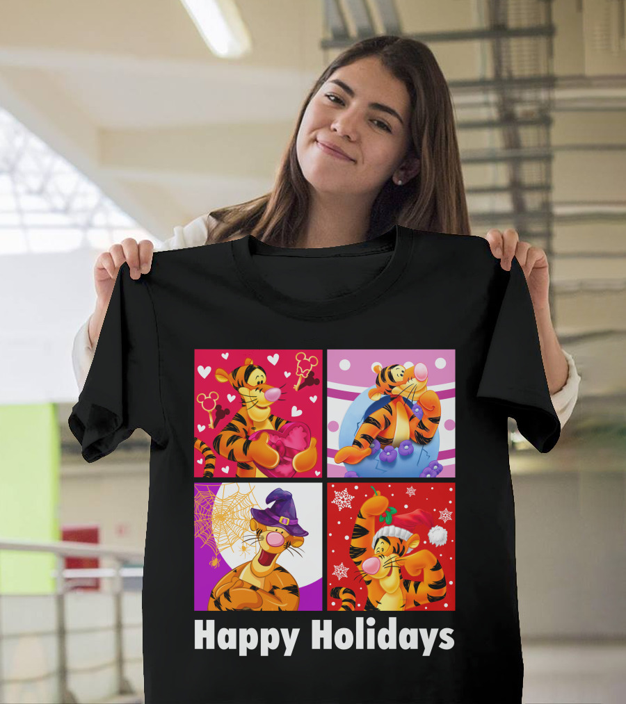 Happy Holidays Tigger Mickey Hearts Santa Halloween T-Shirt