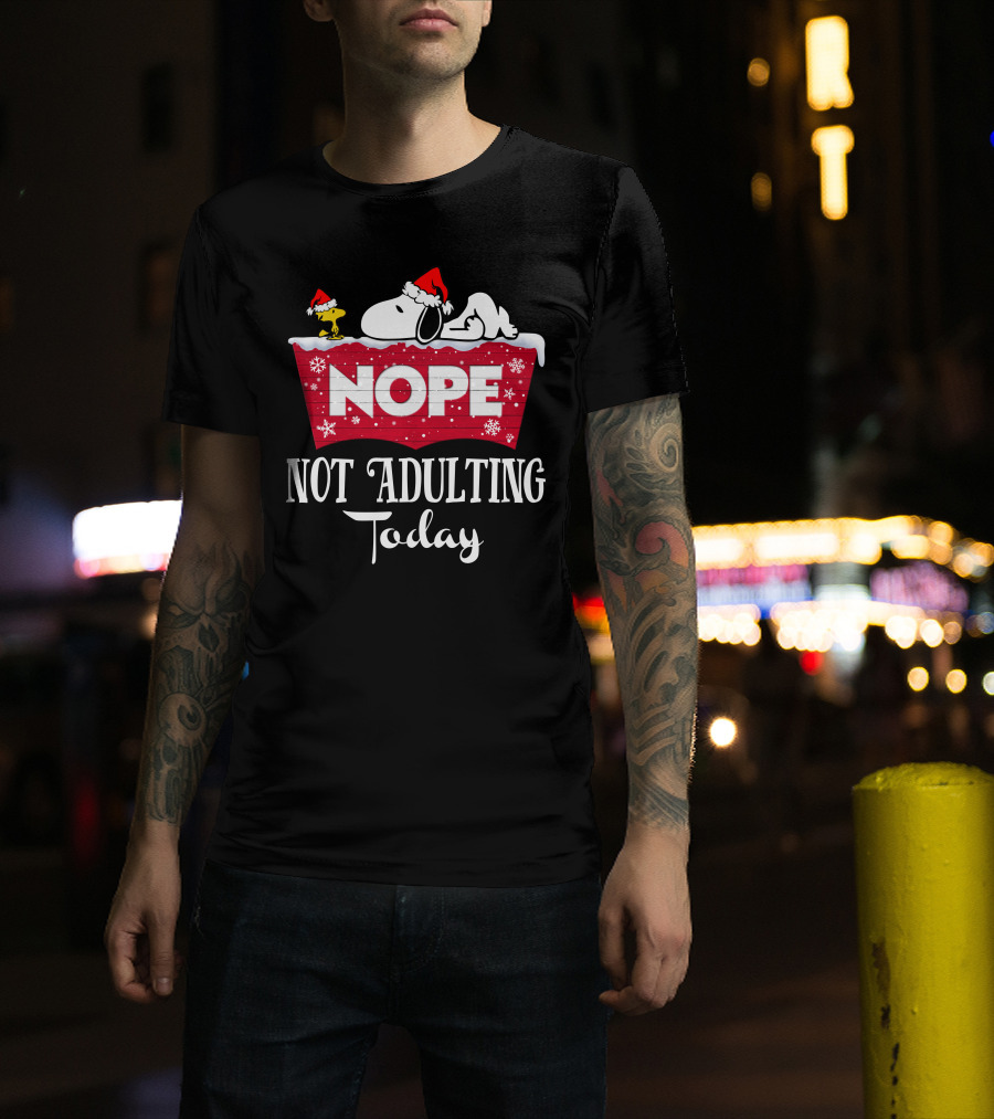 Snoopy Nope Not Adulting Today Christmas Santa Hat Snowflakes T-Shirt