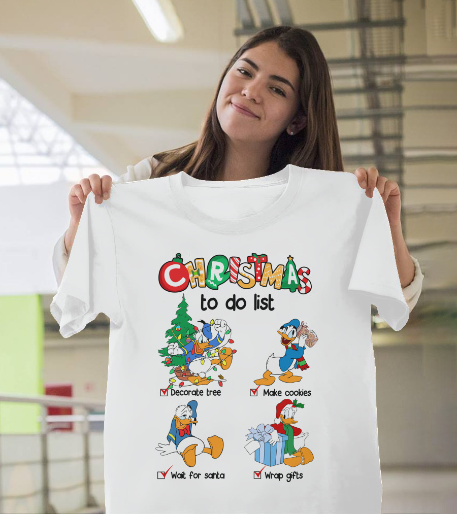 Christmas To Do List Donald Duck Decorate Tree Make Cookies Wait For Santa Wrap Gifts T-Shirt