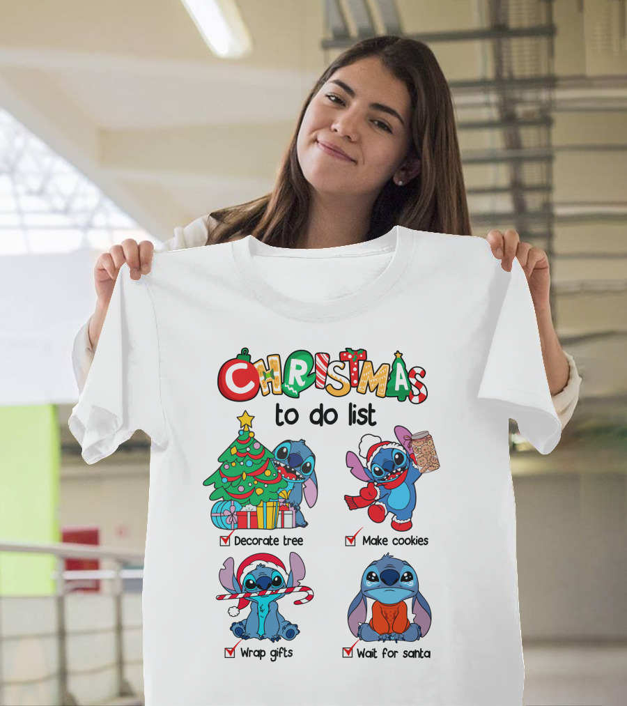 Christmas To Do List Decorate Tree Make Cookies Wrap Gifts Wait For Santa Stitch T-Shirt
