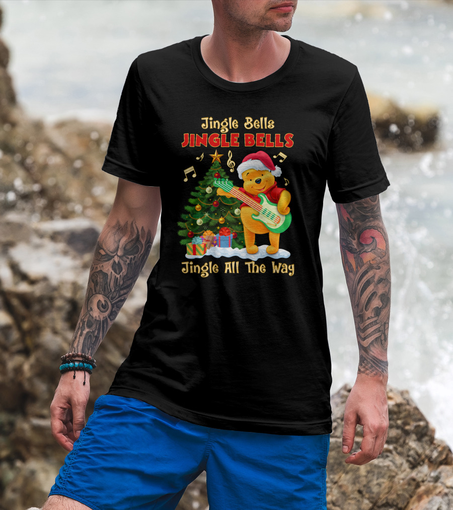Jingle Bells Jingle Bells Jingle All The Way Christmas Tree Music Notes Pooh Santa Hat Guitar T-Shirt