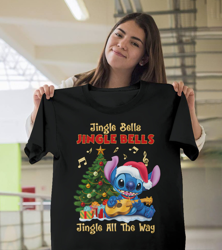 Jingle Bells Jingle Bells Jingle All The Way Stitch Christmas Tree Ukulele T-Shirt