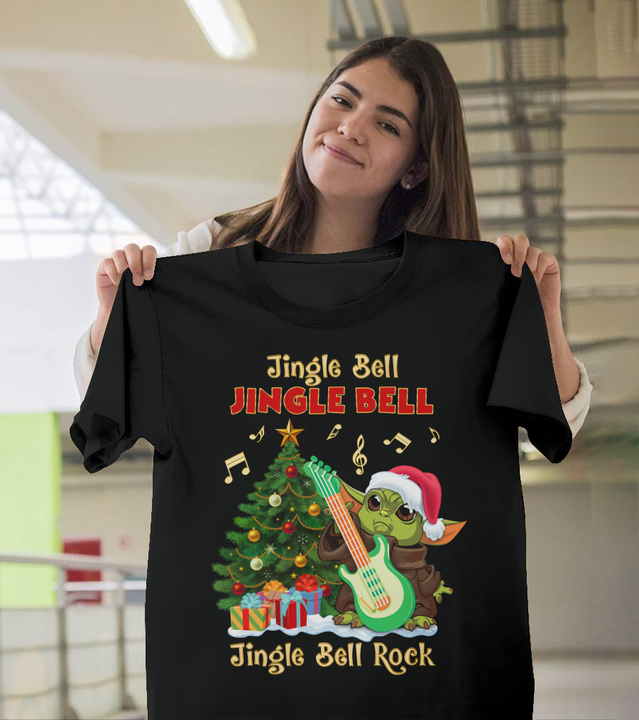 Jingle Bell Jingle Bell Rock Christmas Tree Yoda Santa Hat Guitar Music Notes T-Shirt
