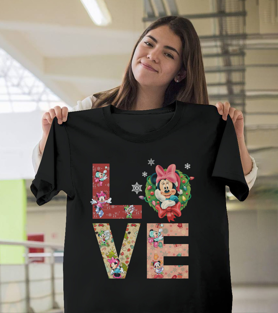 Love Minnie Mouse Christmas Wreath Holiday Snowflakes T-Shirt