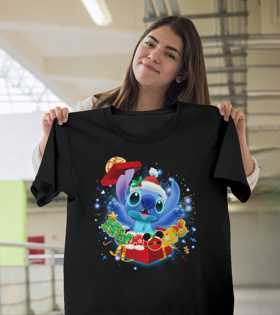 Stitch Christmas Celebration With Santa Hat And Festive Lights T-Shirt