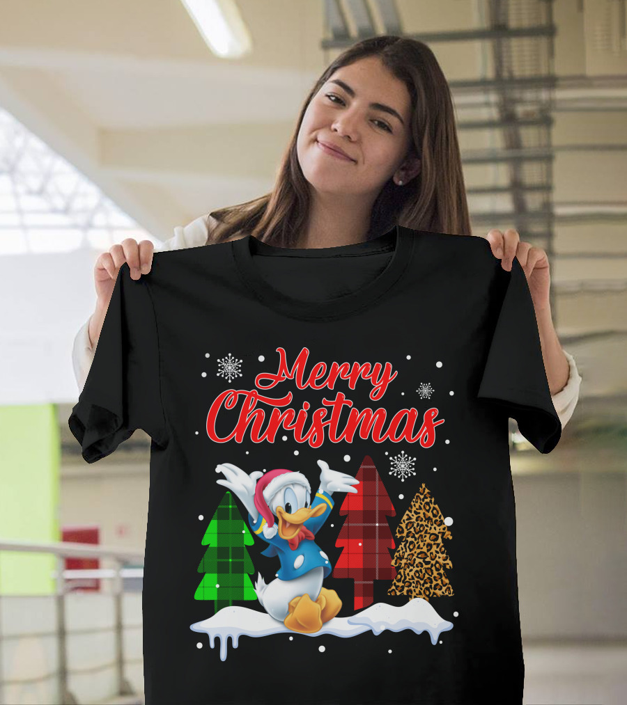 Merry Christmas Donald Duck With Festive Plaid And Leopard Trees T-Shirt
