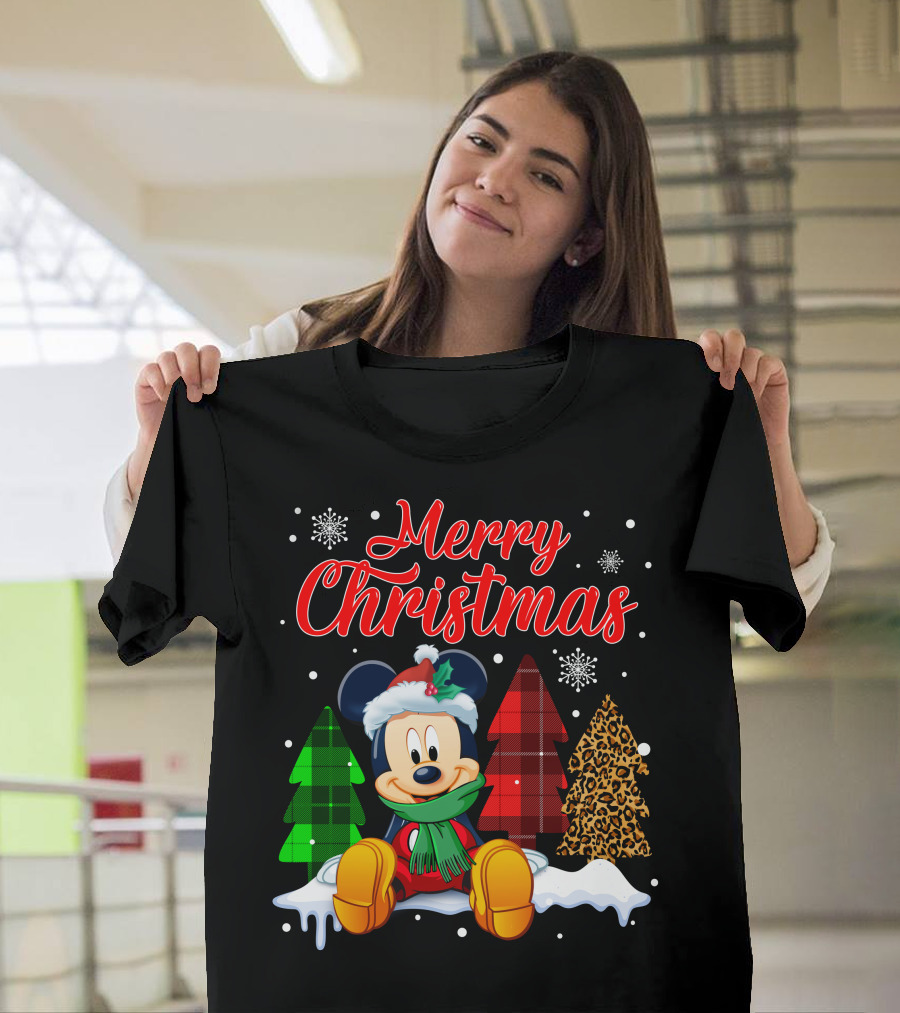 Merry Christmas Mickey Mouse With Plaid And Leopard Trees And Snowflakes T-Shirt