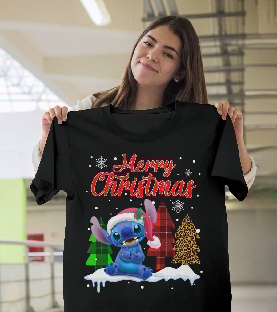 Merry Christmas Stitch Santa Hat Snow Plaid Trees T-Shirt