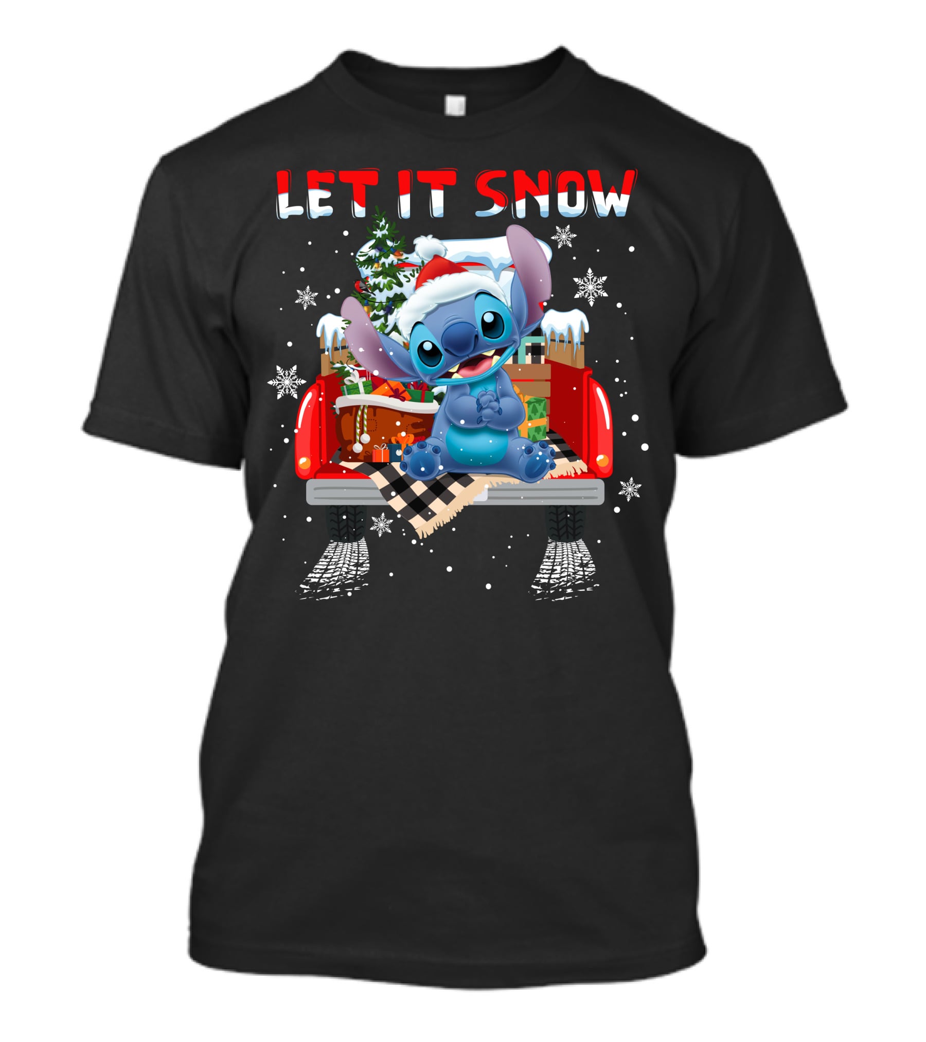 Let It Snow Stitch Christmas Santa Truck Snowflakes T-Shirt