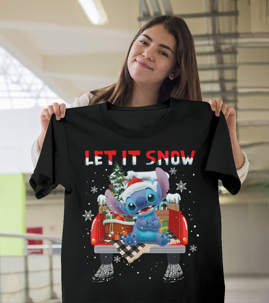 Let It Snow Stitch Christmas Santa Truck Snowflakes T-Shirt
