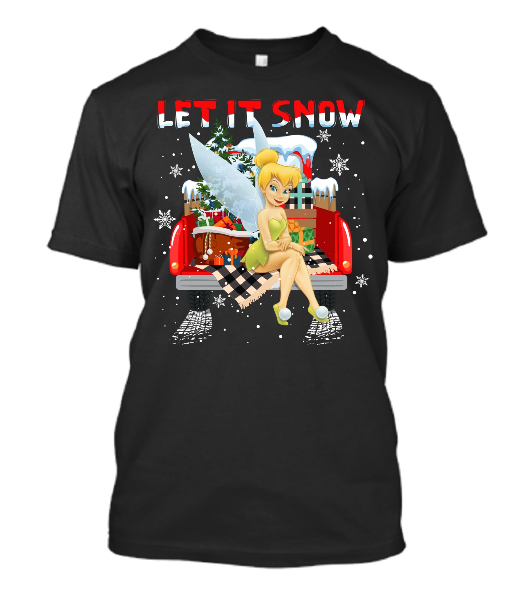 Let It Snow Tinkerbell Sitting On Truck With Gifts And Snowflakes T-Shirt