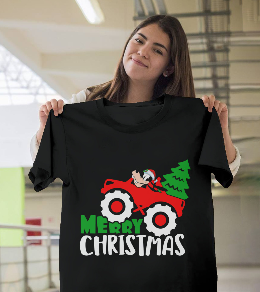 Merry Christmas Goofy In Santa Hat On Red Tractor With Christmas Tree T-Shirt