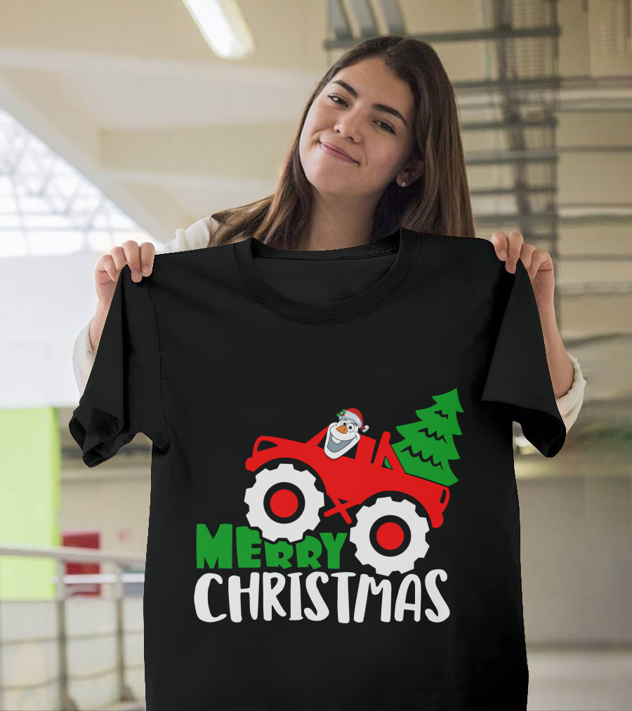 Merry Christmas Olaf Monster Truck With Santa Hat And Christmas Tree T-Shirt