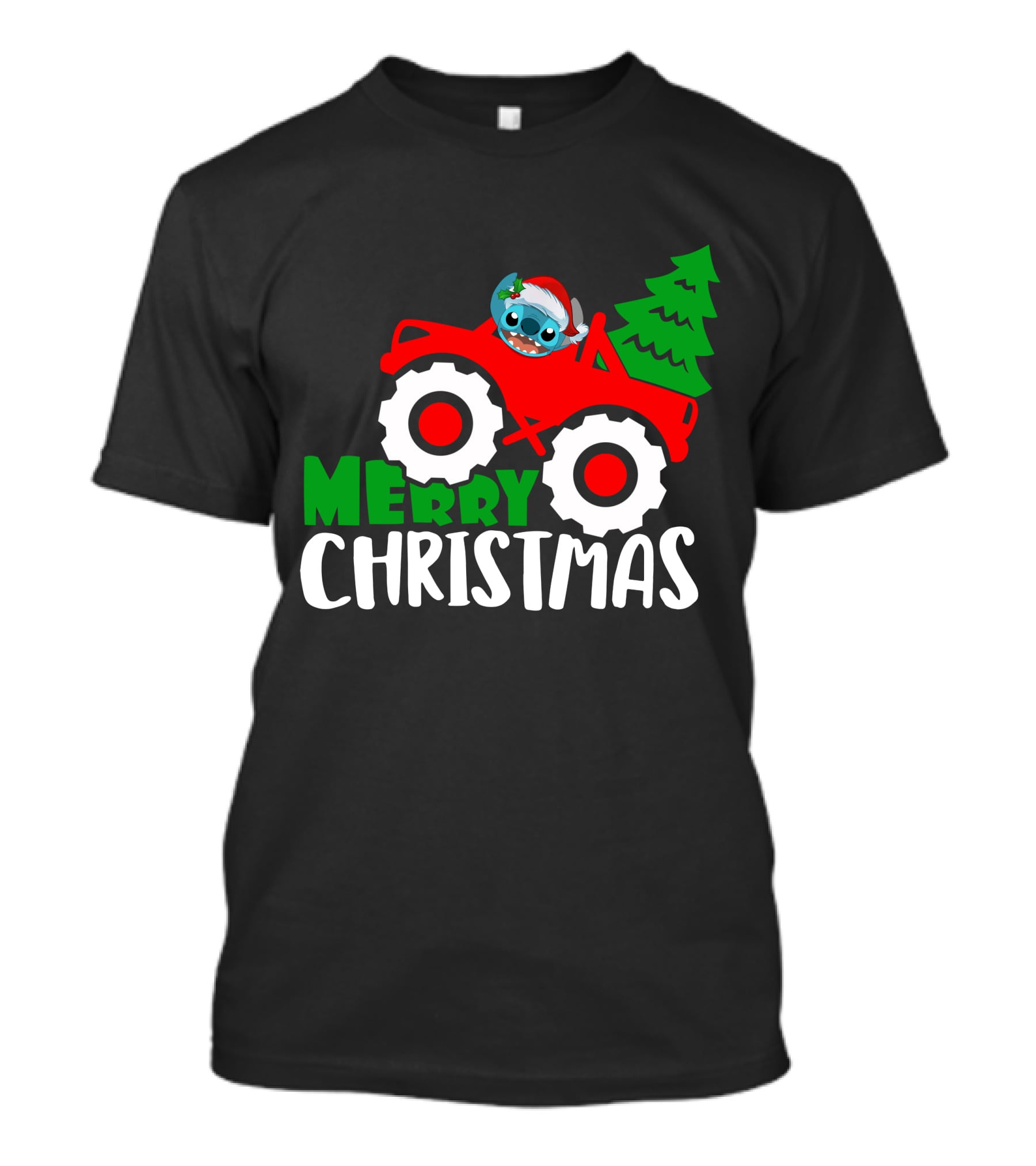 Merry Christmas Stitch Riding Red Truck With Tree T-Shirt