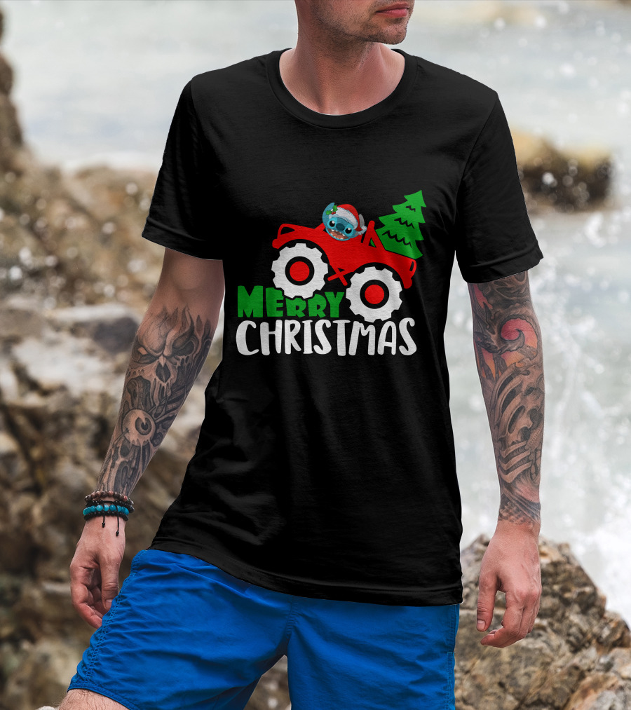 Merry Christmas Stitch Riding Red Truck With Tree T-Shirt