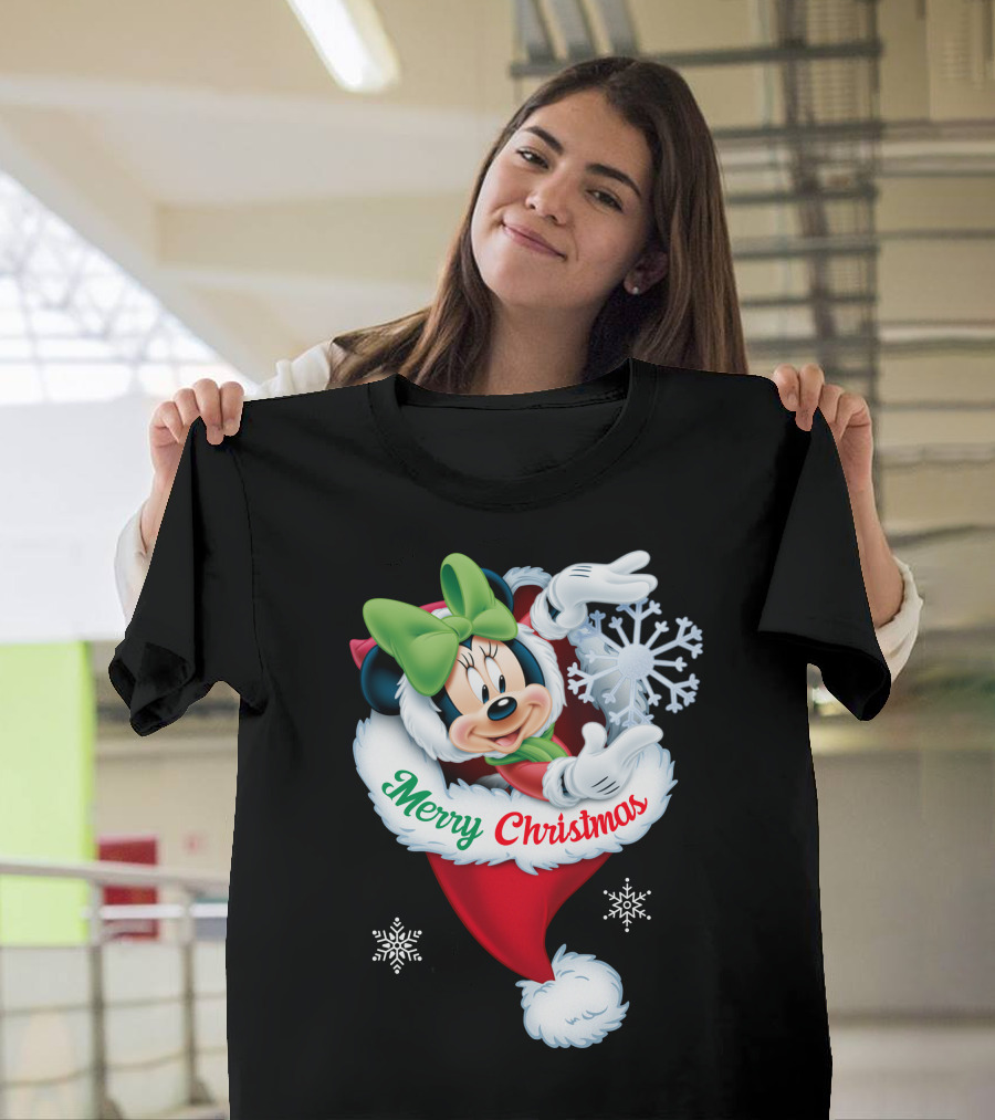 Minnie Mouse Merry Christmas Santa Hat Snowflakes T-Shirt