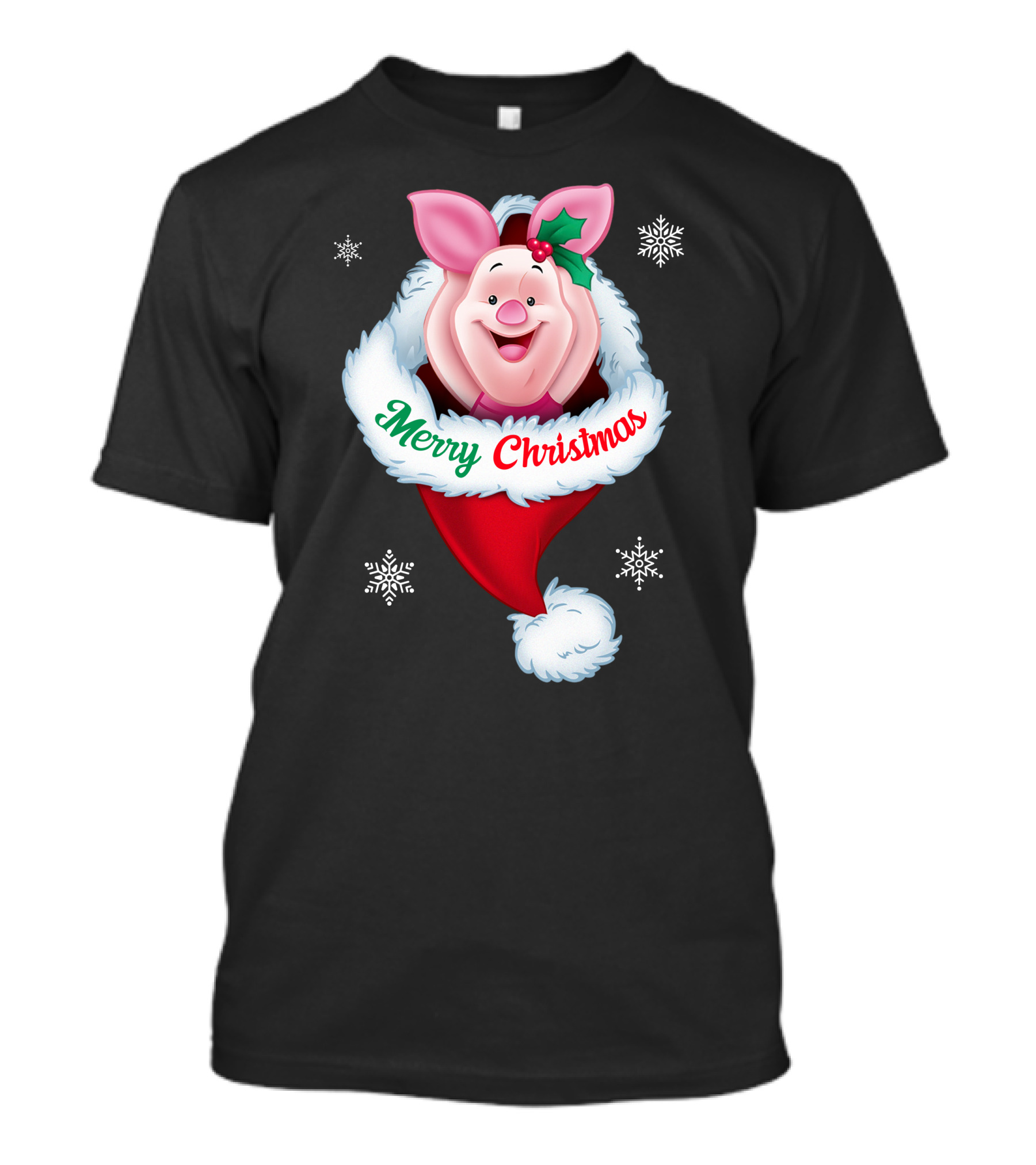 Piglet Merry Christmas Holiday Santa Hat Snowflakes T-Shirt
