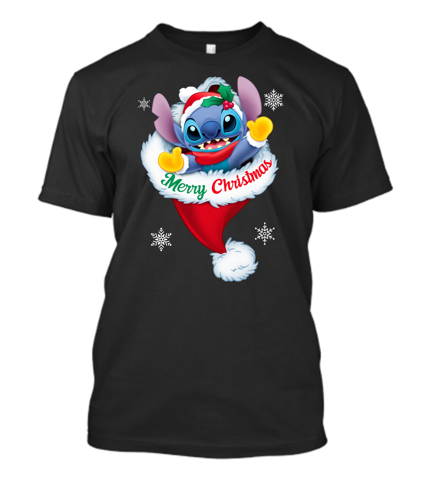 Merry Christmas Stitch Santa Hat Snowflakes T-Shirt