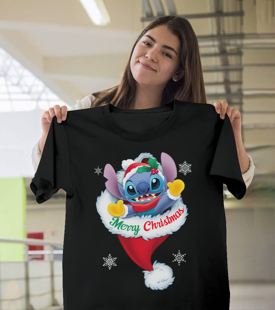 Merry Christmas Stitch Santa Hat Snowflakes T-Shirt
